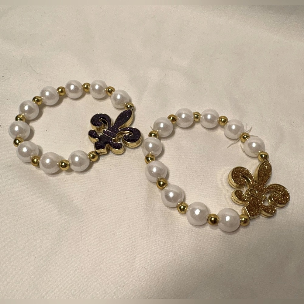 Mardi Gras Elegant Gold and Purple Fleur-de-Lis Pearl Bracelet Set